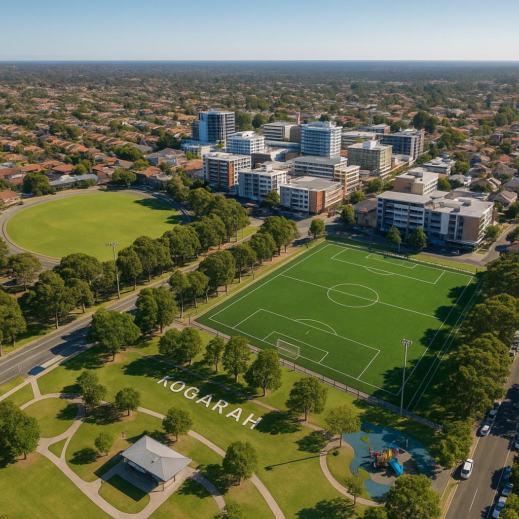 Aerial view of Kogarah highlights parks and community areas