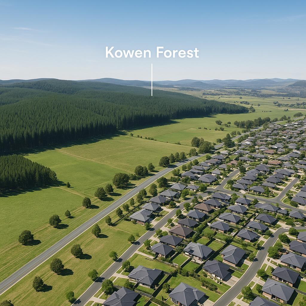 Aerial view of Kowen Forest with green landscapes