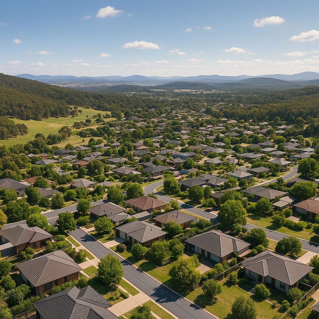 Tranquil view of Kowen, highlighting residential areas and natural surroundings.