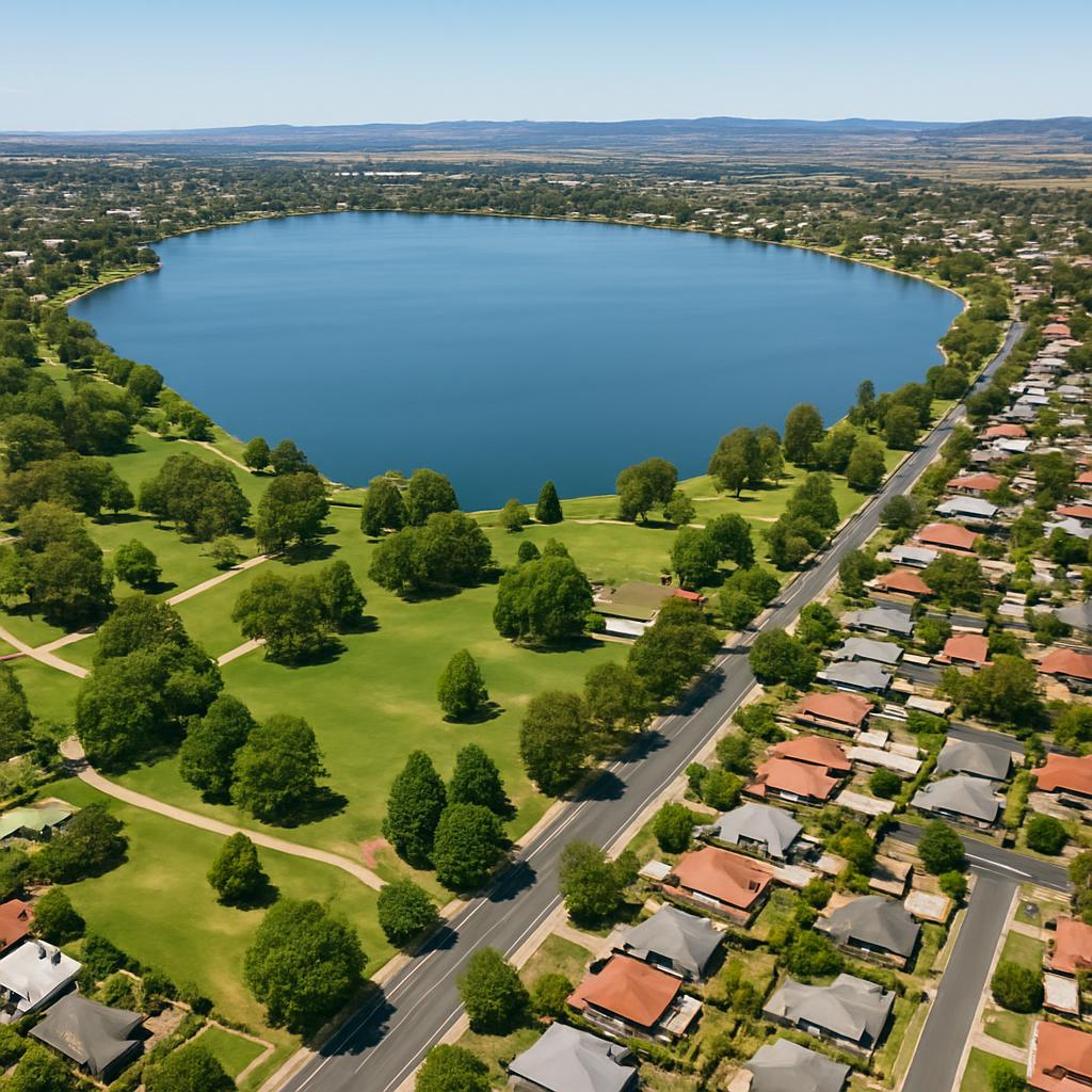 Aerial view of Lake Albert suburb with lakes and parks