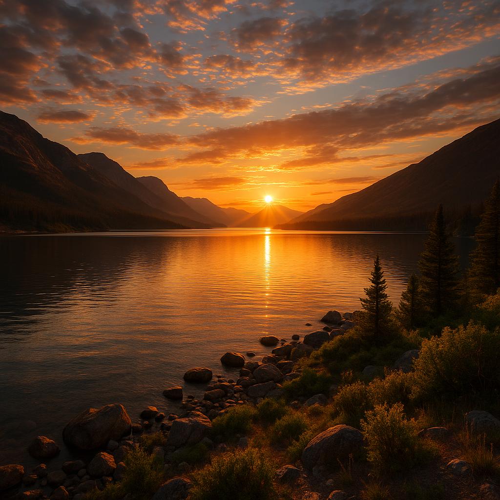 Sunset view of Lake Bennett, showcasing beautiful nature.