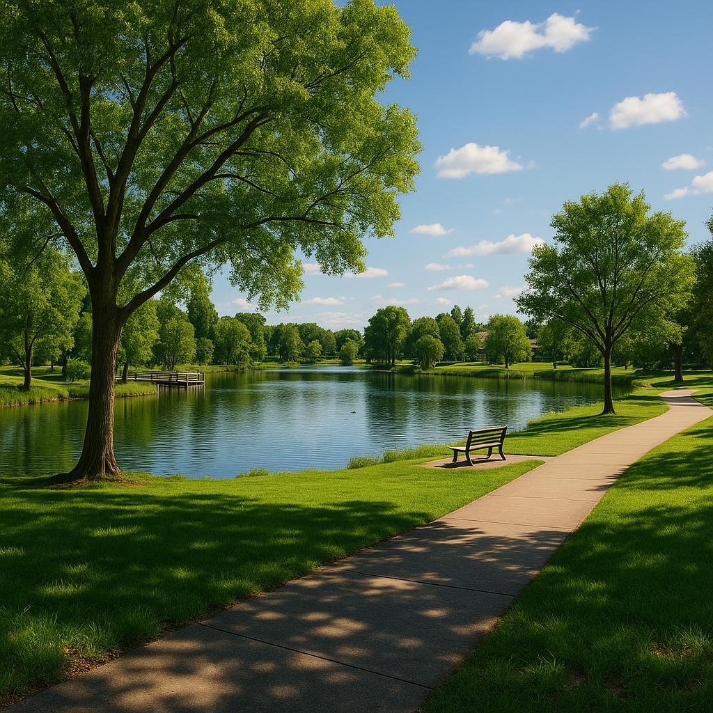 Aerial view of Lakelands park with families and green spaces.