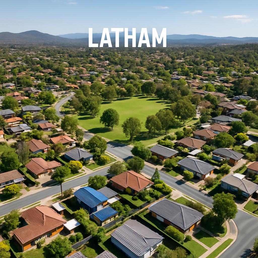 Aerial view of Latham highlighting homes and green spaces