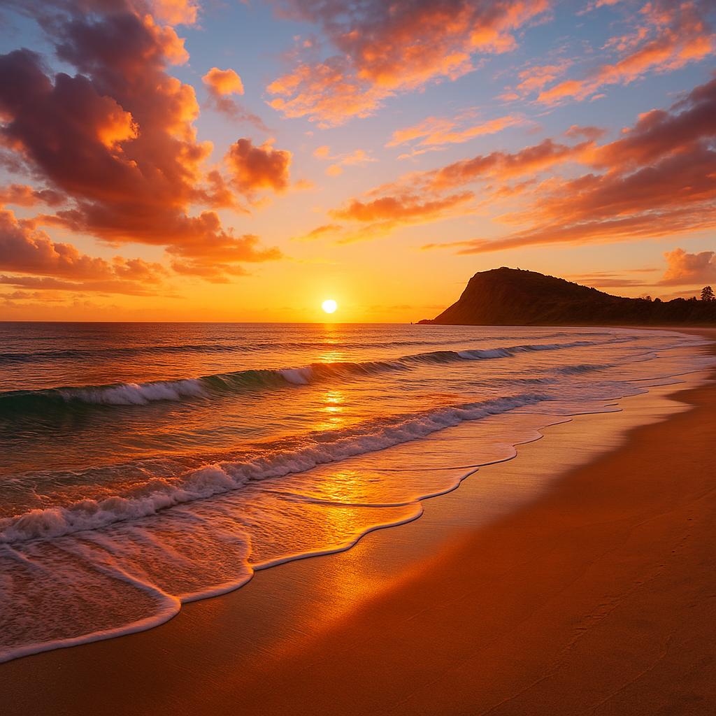 Lennox Head beach at sunset with surfers