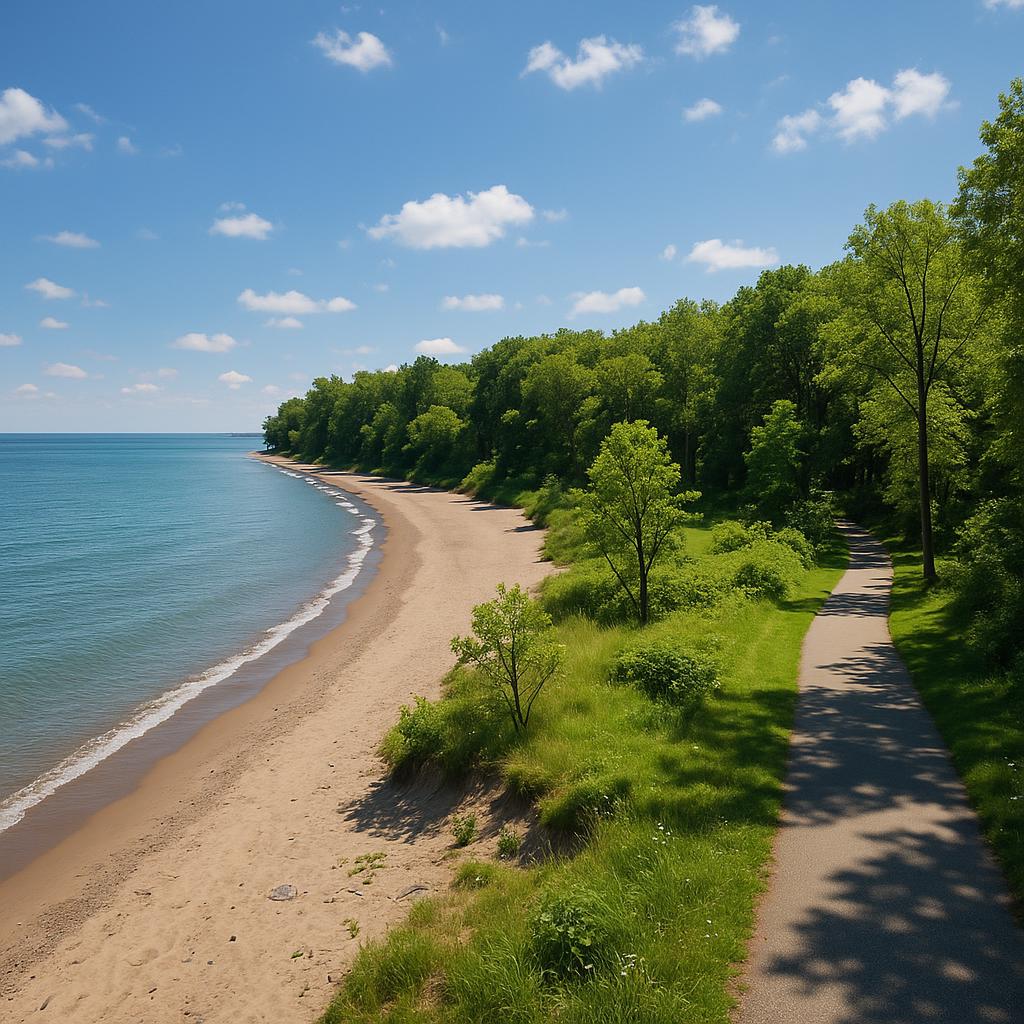 Lewiston's coastal view with beach and greenery