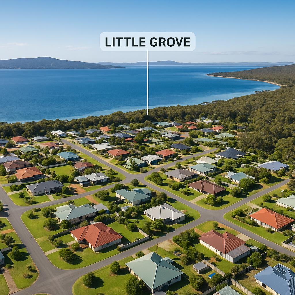 Aerial view of Little Grove suburb with coastal properties.