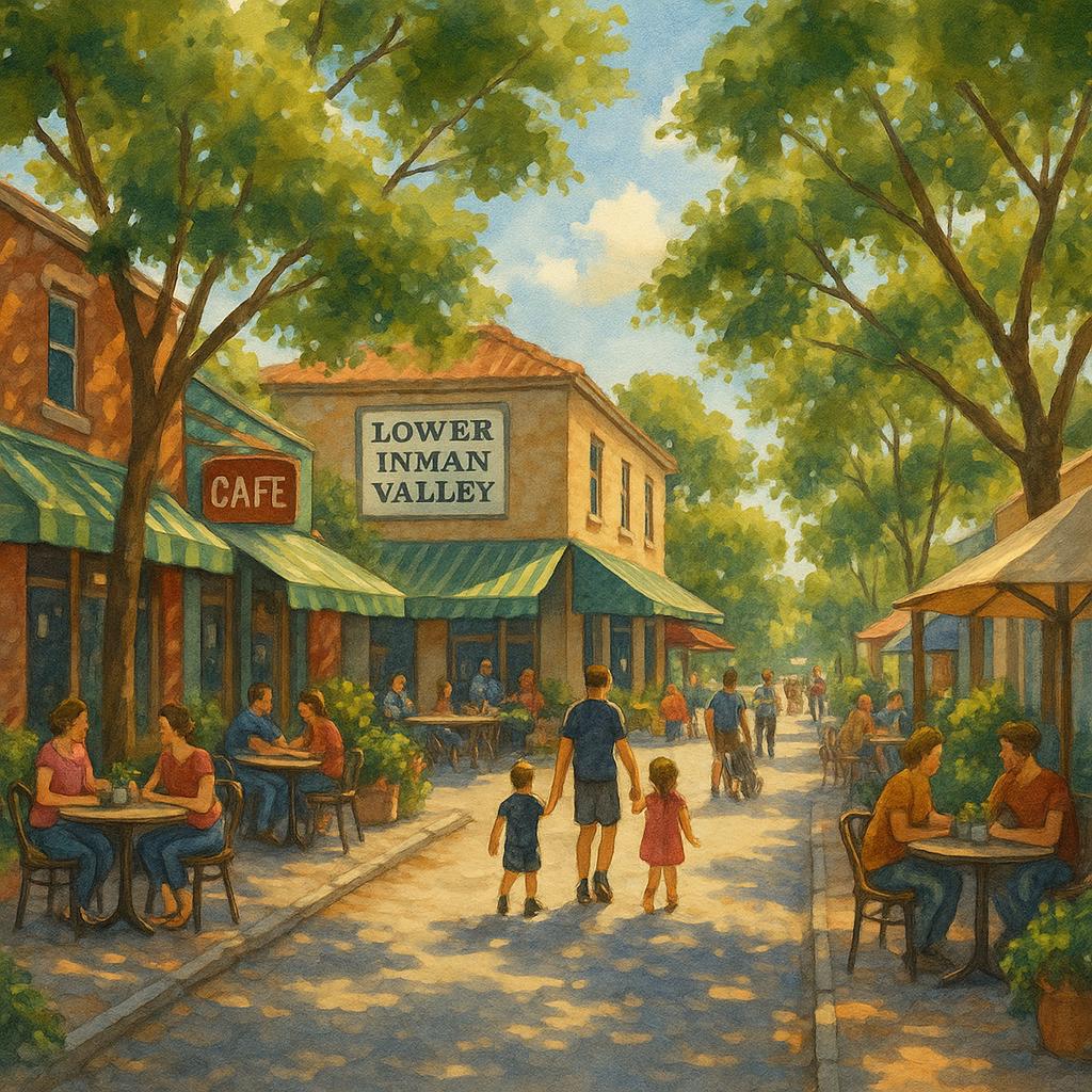Lively street in Lower Inman Valley with cafes