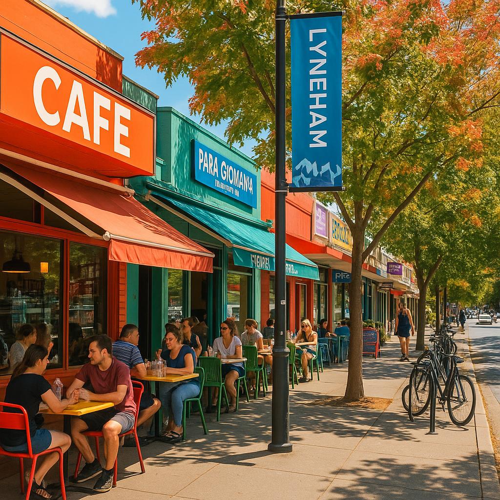 A lively street in Lyneham with cafes and people