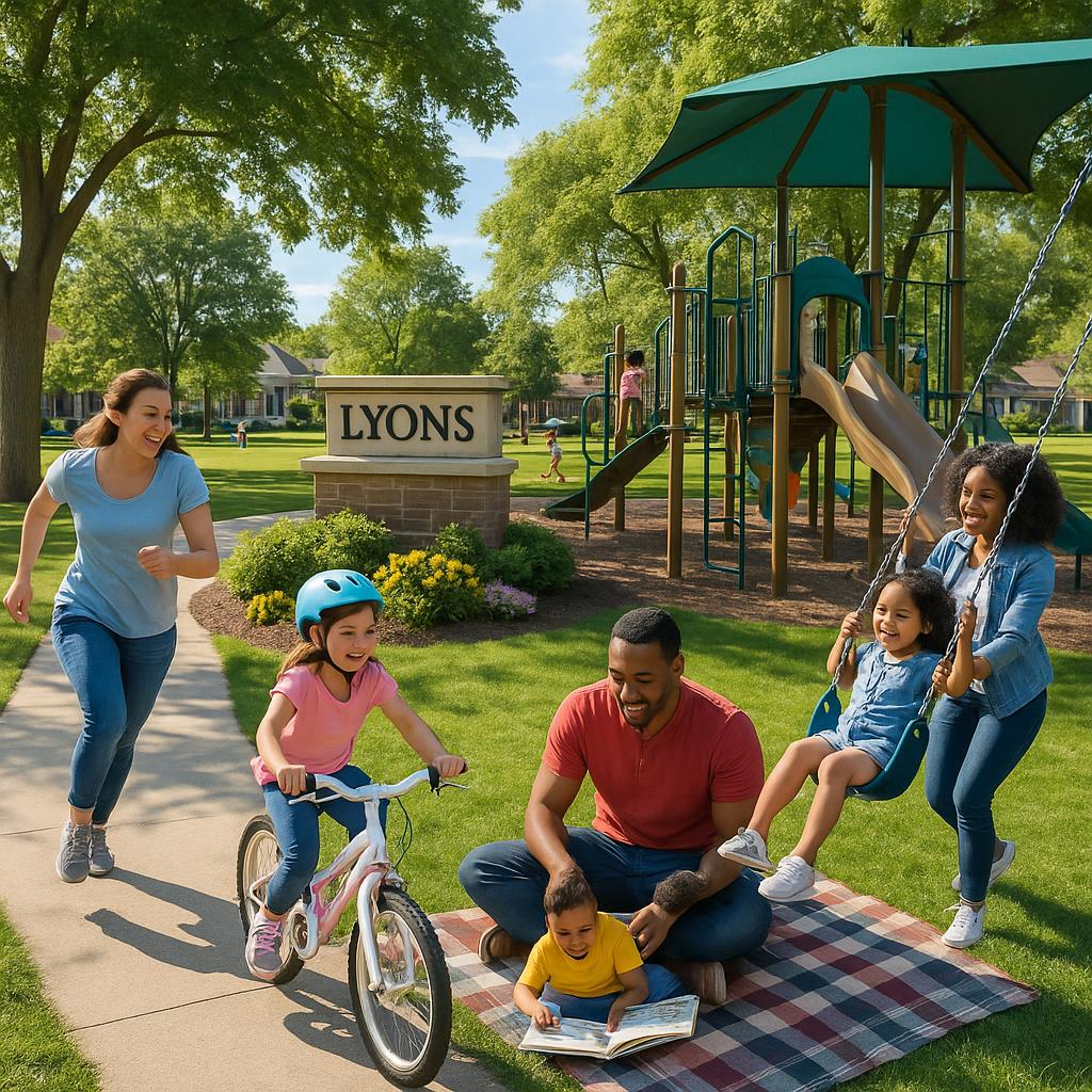 A vibrant park in Lyons with families enjoying the outdoors