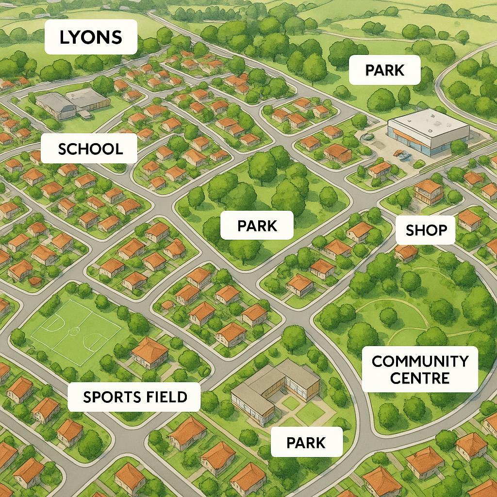 Aerial view of Lyons with parks and homes