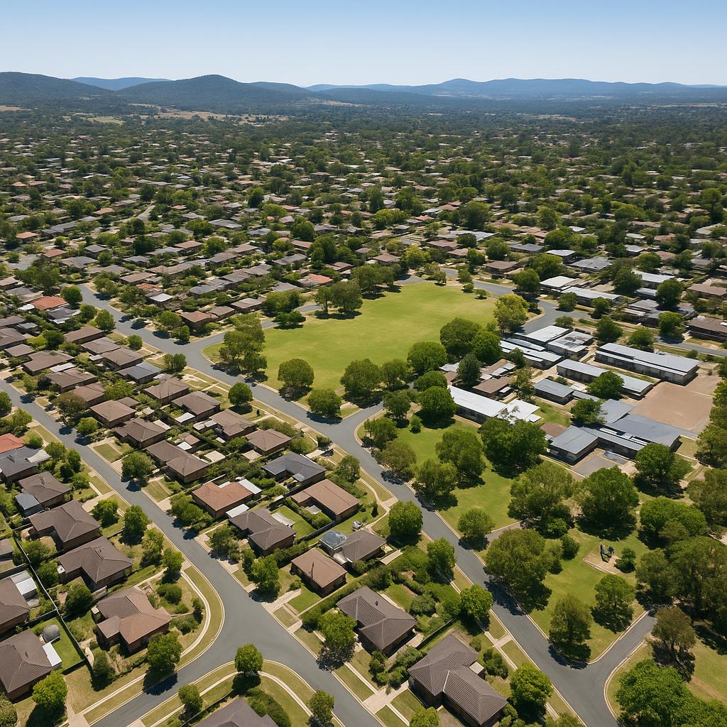 Aerial view of Macquarie suburb with parks and residential homes.