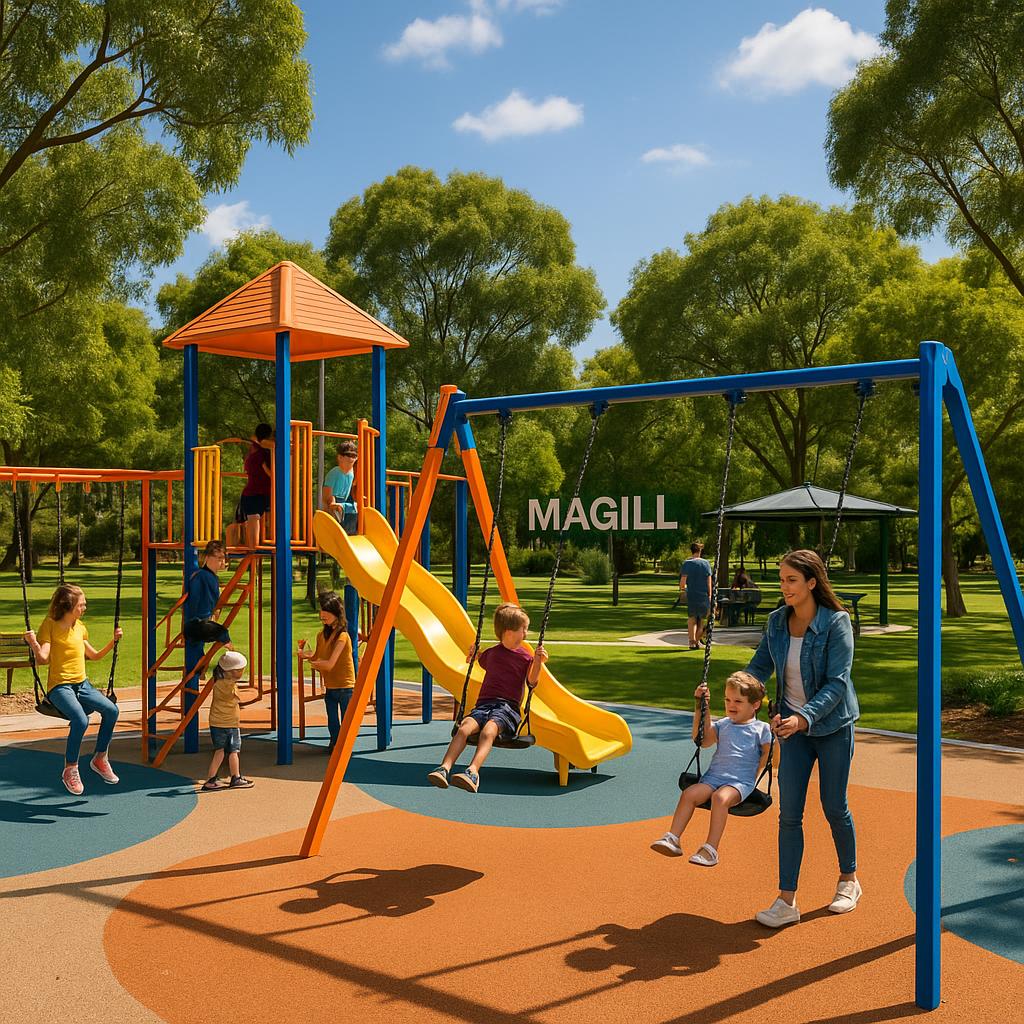 A busy playground in Magill, showcasing families enjoying the outdoor space.