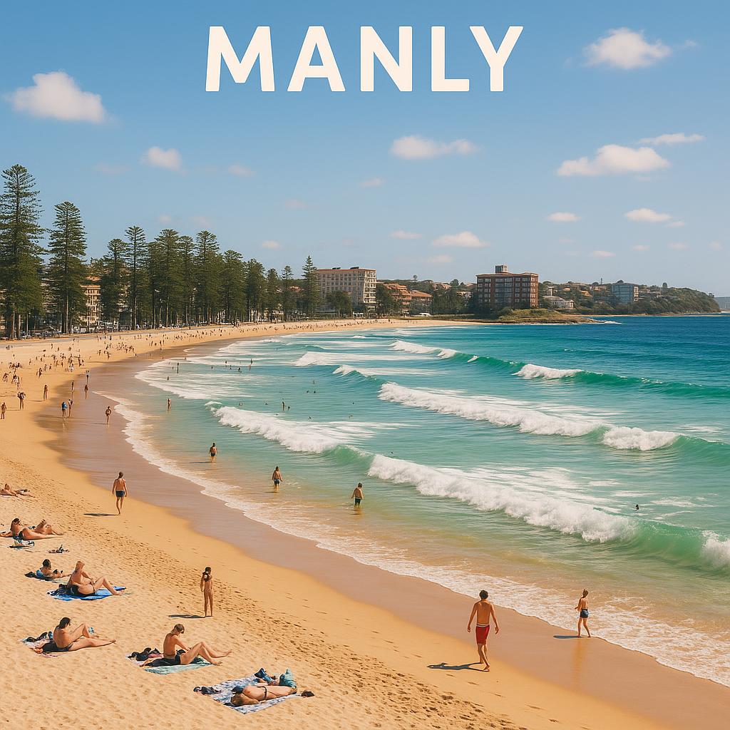 Scenic view of Manly Beach with surfers