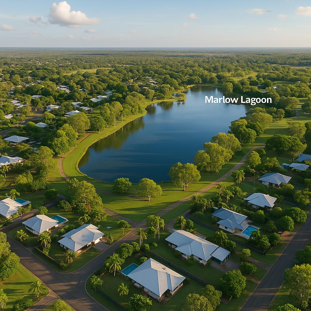Scenic view of Marlow Lagoon with homes and parks