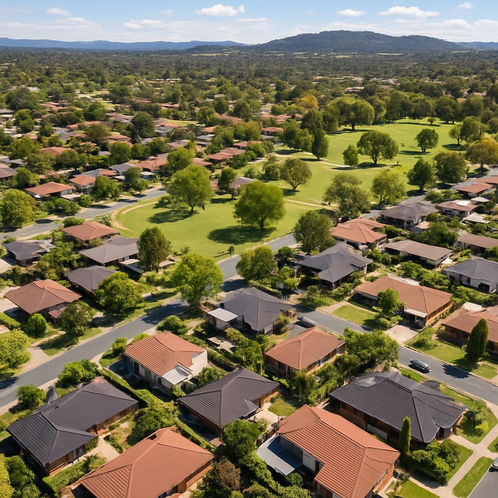 Aerial view of Mawson showing homes and parks