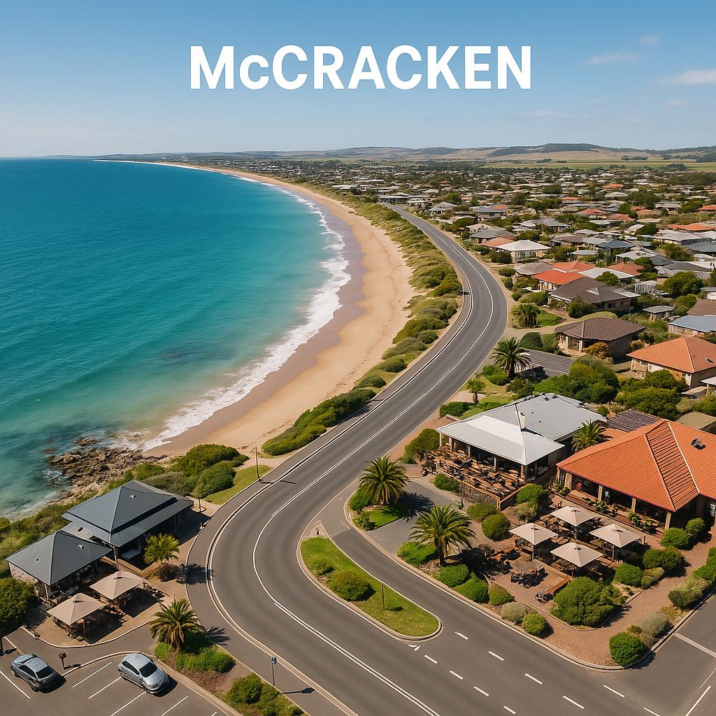 Aerial view of McCracken with coastal and dining highlights
