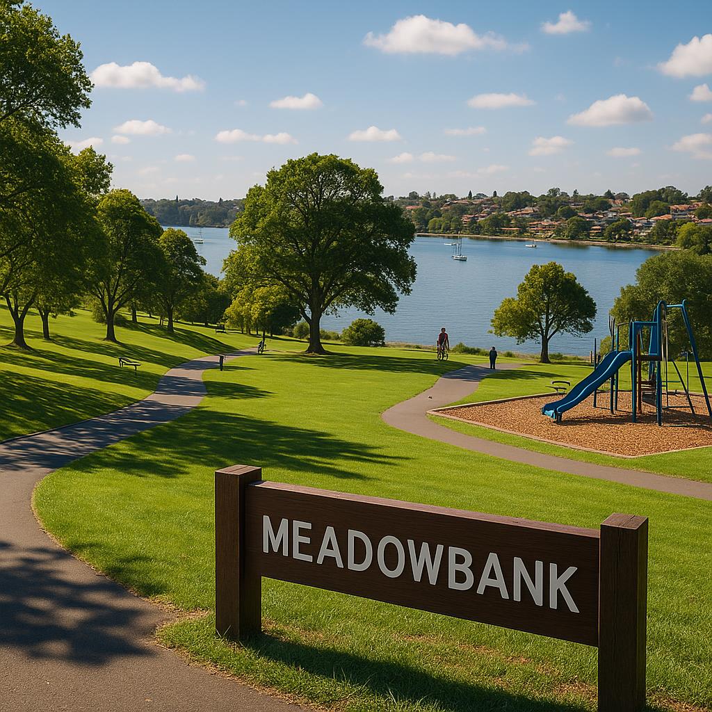 Meadowbank waterfront park with families enjoying
