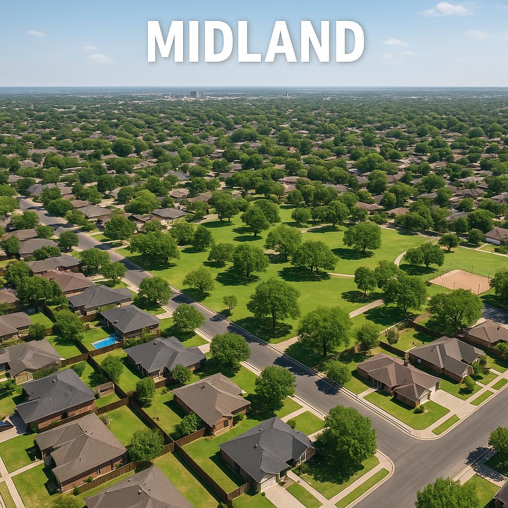 Aerial view of Midland, WA with houses and greenery