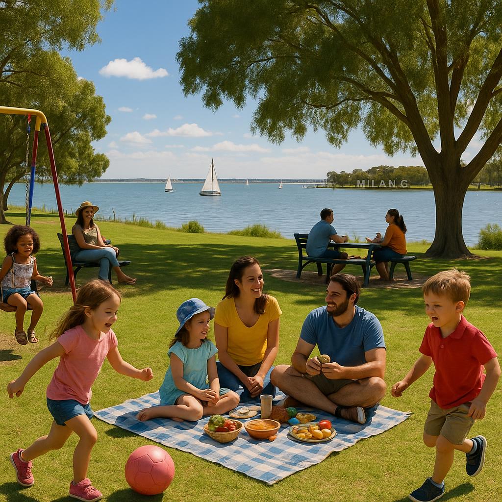 Families enjoying the waterfront park in Milang.