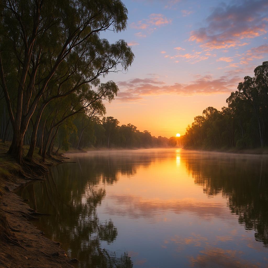 Scenic sunrise view of Murray River in Moama