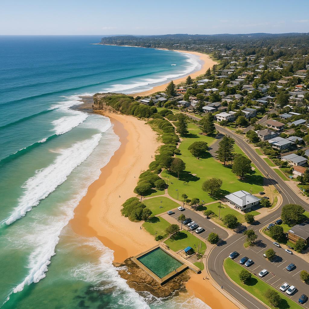 Aerial view of Mona Vale Beach showing vibrant local life