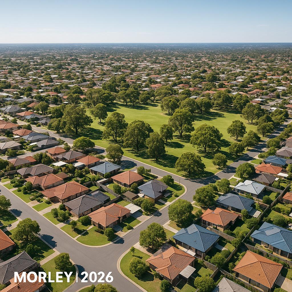 Aerial view of Morley, showcasing diverse residential areas and local parks.