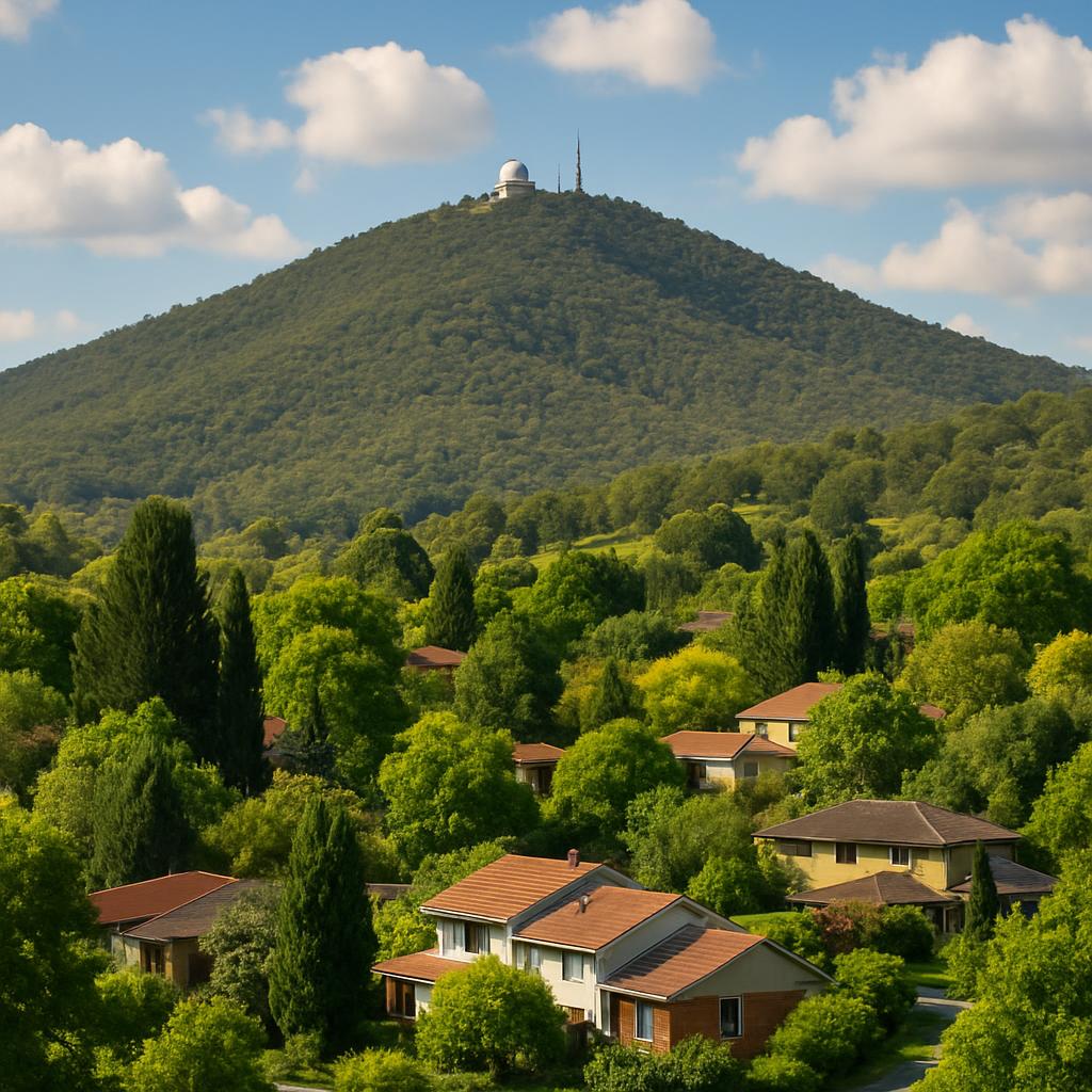 Scenic view of Mount Stromlo, showcasing its greenery and homes