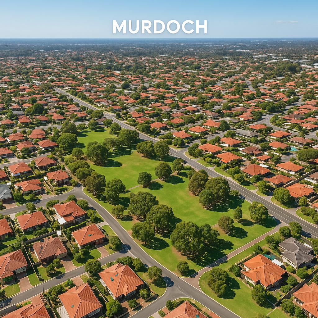 Bird's eye view of Murdoch suburb with residential areas and parks