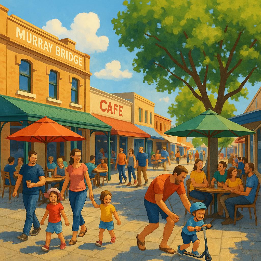Street scene of Murray Bridge with cafes and families