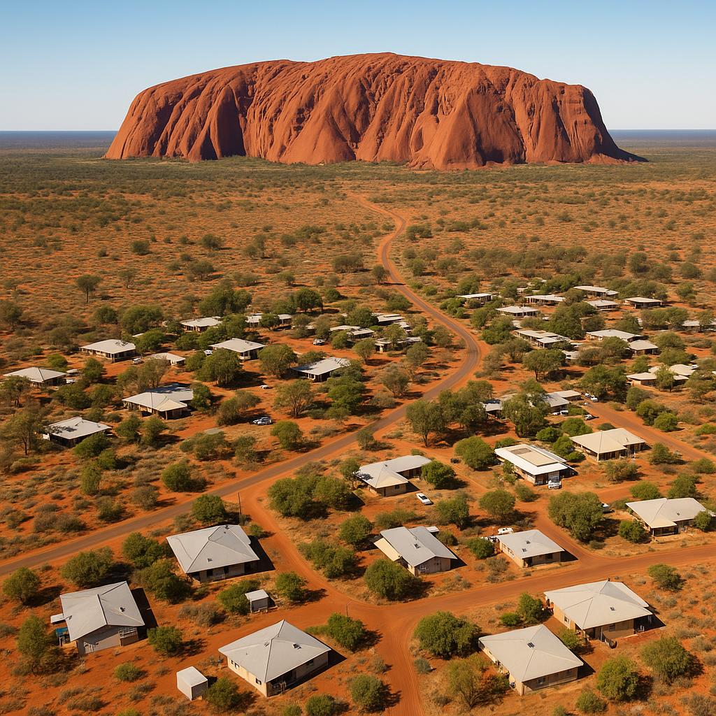 Aerial view showcasing Mutitjulu with Uluru in the distance