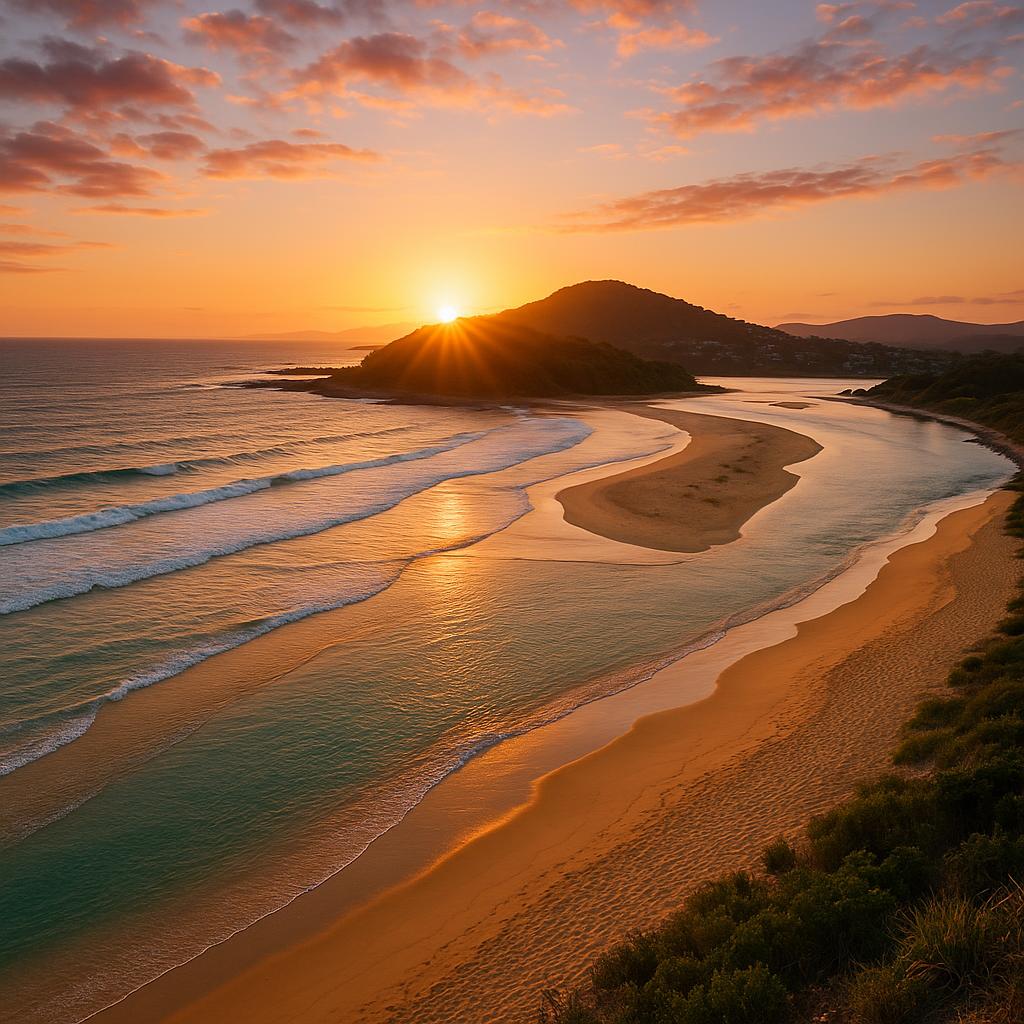 Sunset over Nambucca Heads beach and river