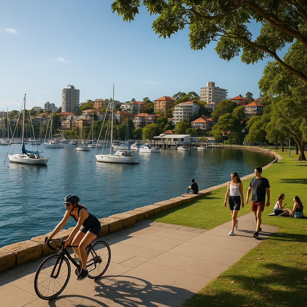 A scenic view of Neutral Bay waterfront with boats and cafes