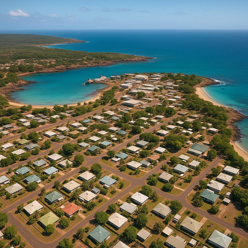 Aerial view of Nhulunbuy's coastline and properties.