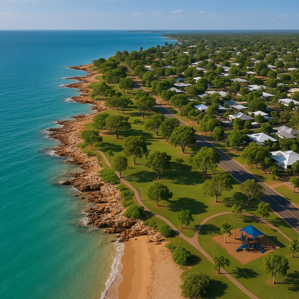 Aerial view showing Nightcliff beach and green spaces