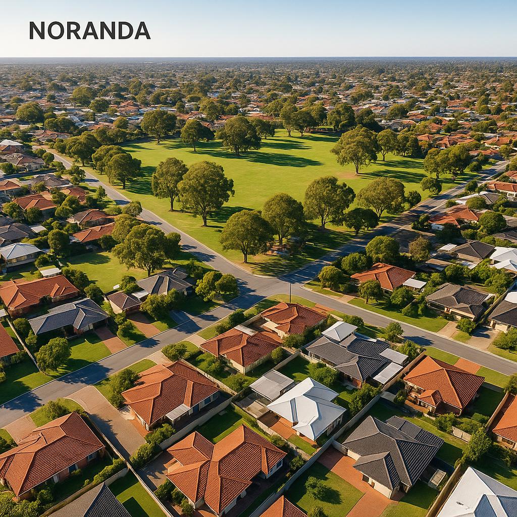 Aerial view of Noranda highlighting its parks and homes