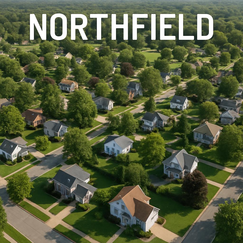 Aerial view of Northfield, highlighting parks and residential areas