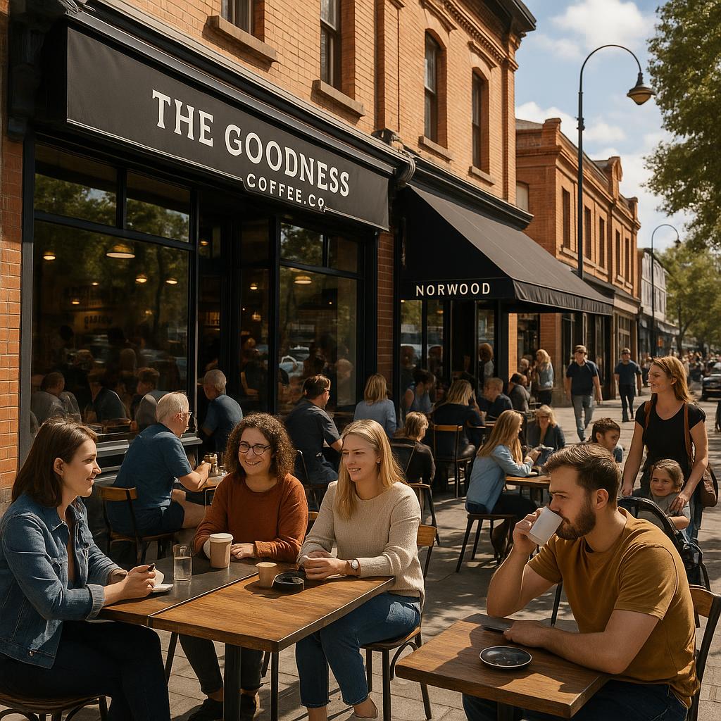 Norwood street filled with cafes and people