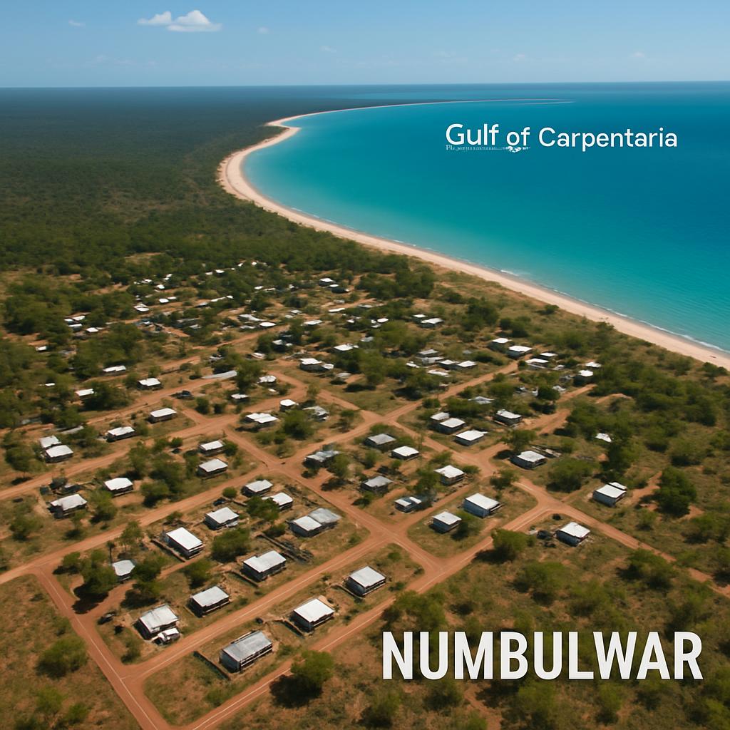Aerial view of Numbulwar, NT, showcasing the Gulf of Carpentaria