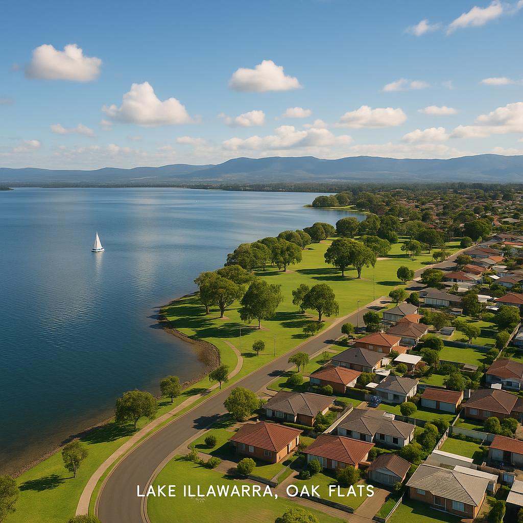 View of Lake Illawarra with homes and greenery in Oak Flats