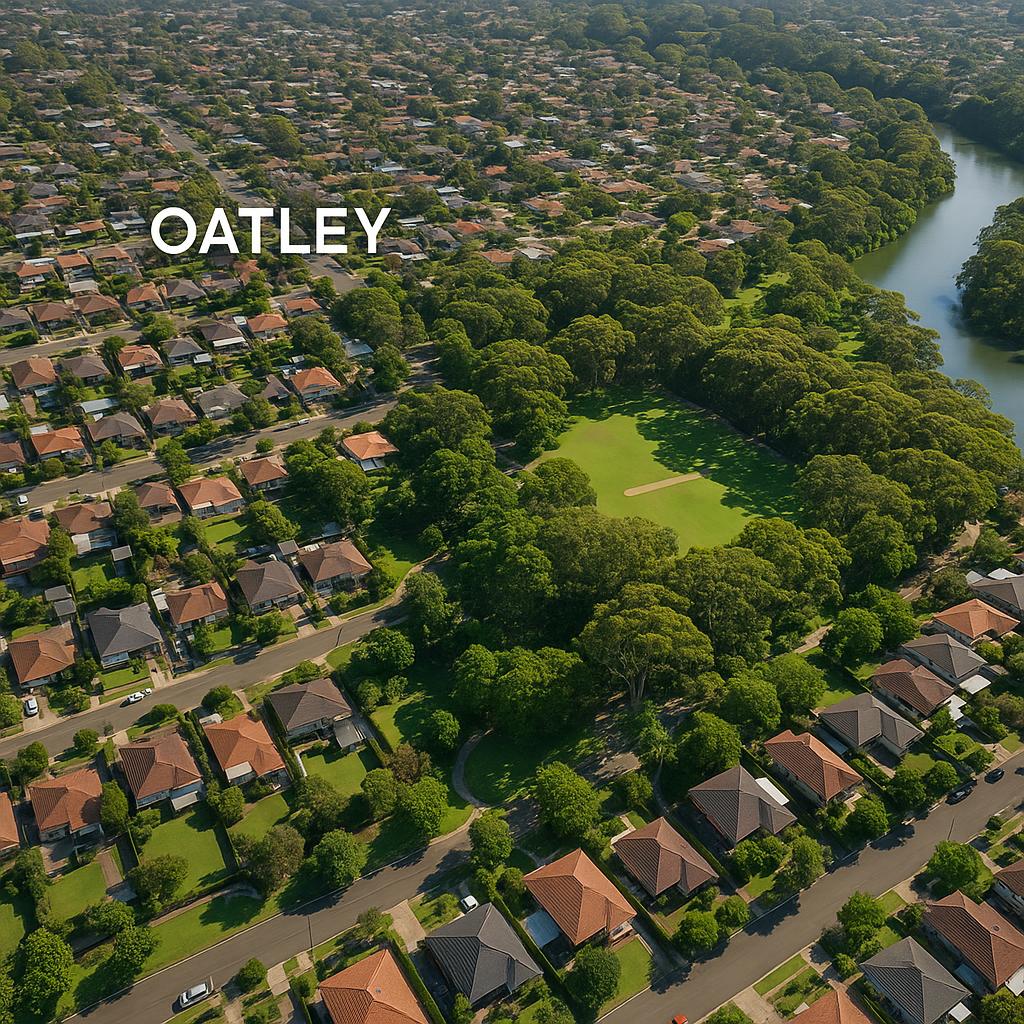 Aerial view of suburban Oatley, highlighting parks and homes