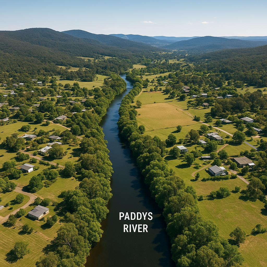 Aerial view of Paddys River with greenery and homes