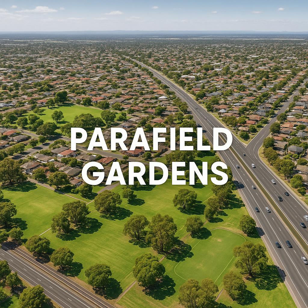 Aerial view of Parafield Gardens with greenery and transport links