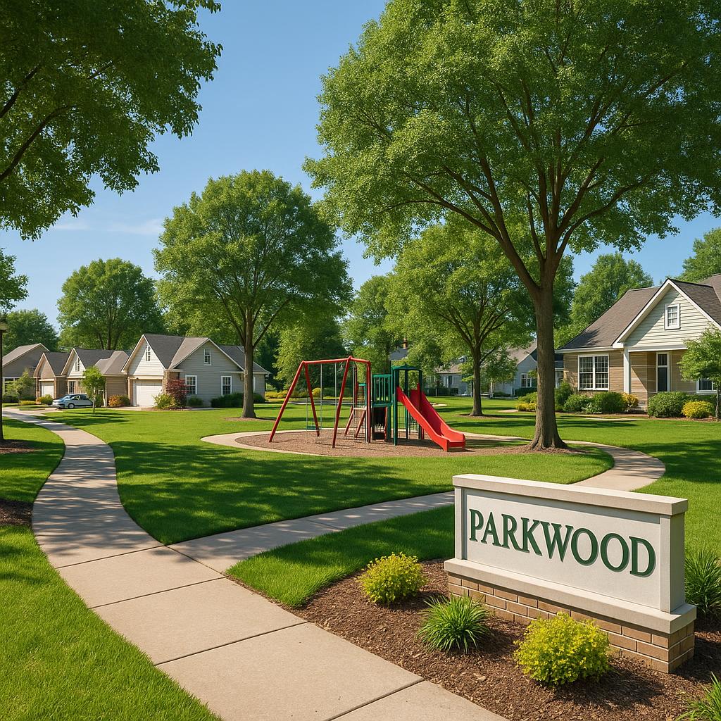 Parkwood neighborhood with family-friendly homes and parks.