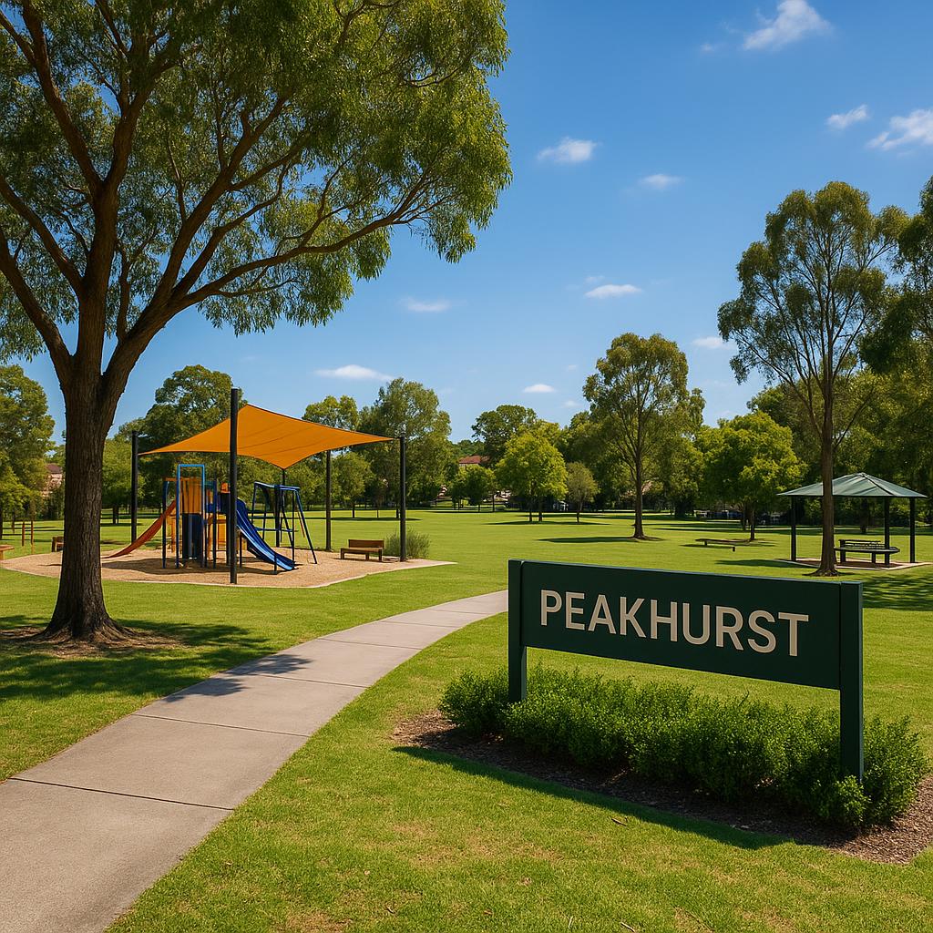 A sunny park in Peakhurst with families enjoying recreational activities