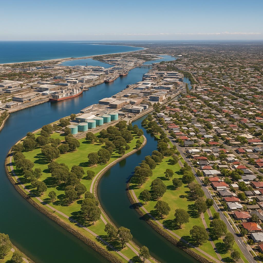 Aerial view of Port Adelaide with green belts