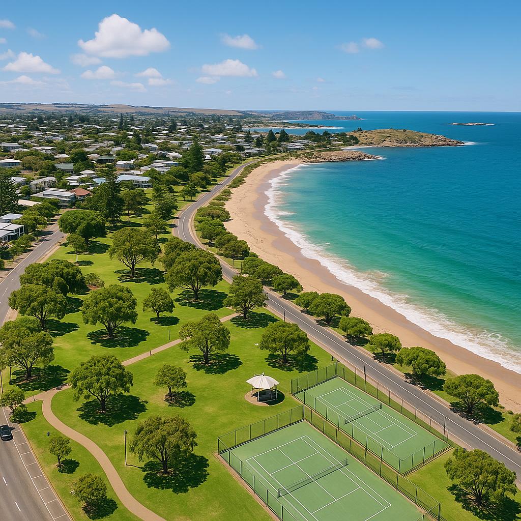 Coastal view of Port Elliot with parklands and sea