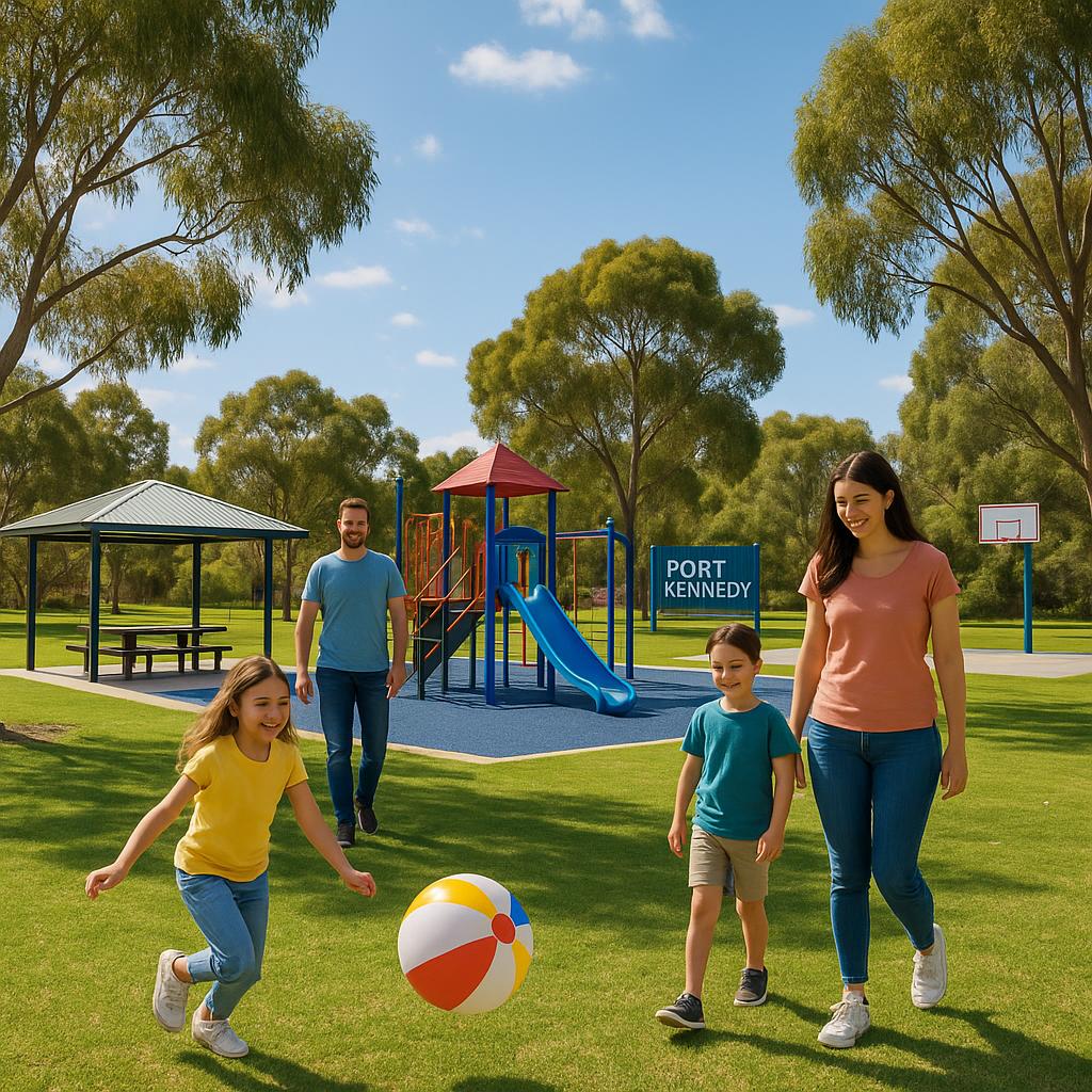 Family enjoying Port Kennedy park with playground.