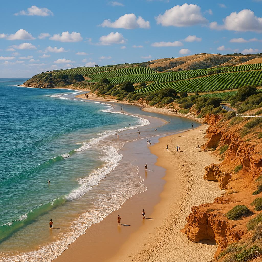 Port Noarlunga beach with vineyards