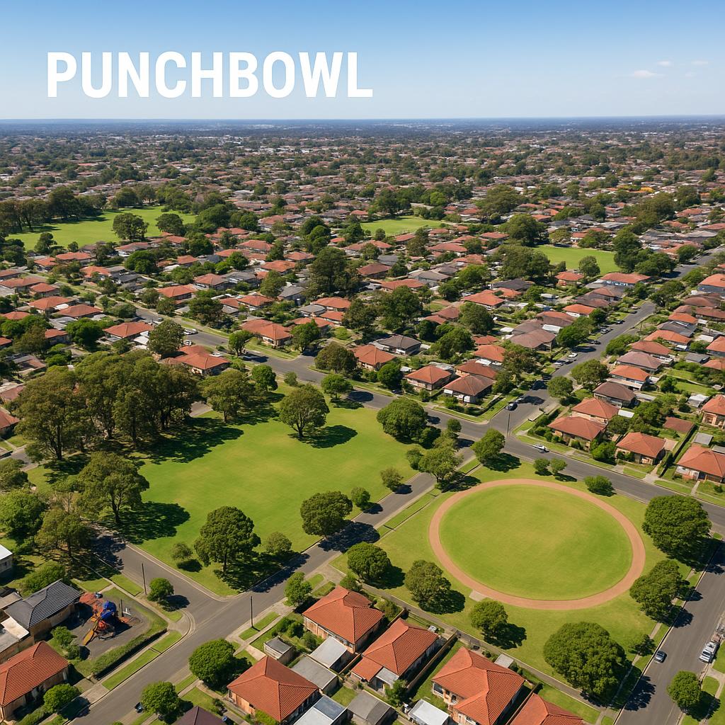 Aerial view of Punchbowl showing green spaces and houses.