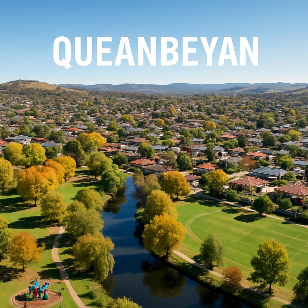 A scenic view of Queanbeyan with parks and homes